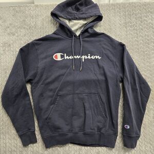 Champion Hoodie Authentic Wear Pullover Size Medium Spellout Script Logo‎ Blue